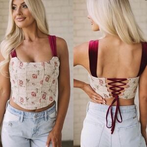 Pretty Garbage Jacquard Floral Corset‎ Top Women Floral Velvet Lace Up Side Zip